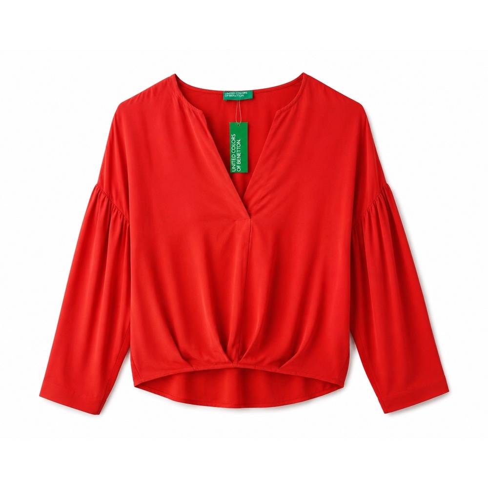 NEW United Colors of Benetton Red V-Neck Draped Front Viscose Blouse Medium